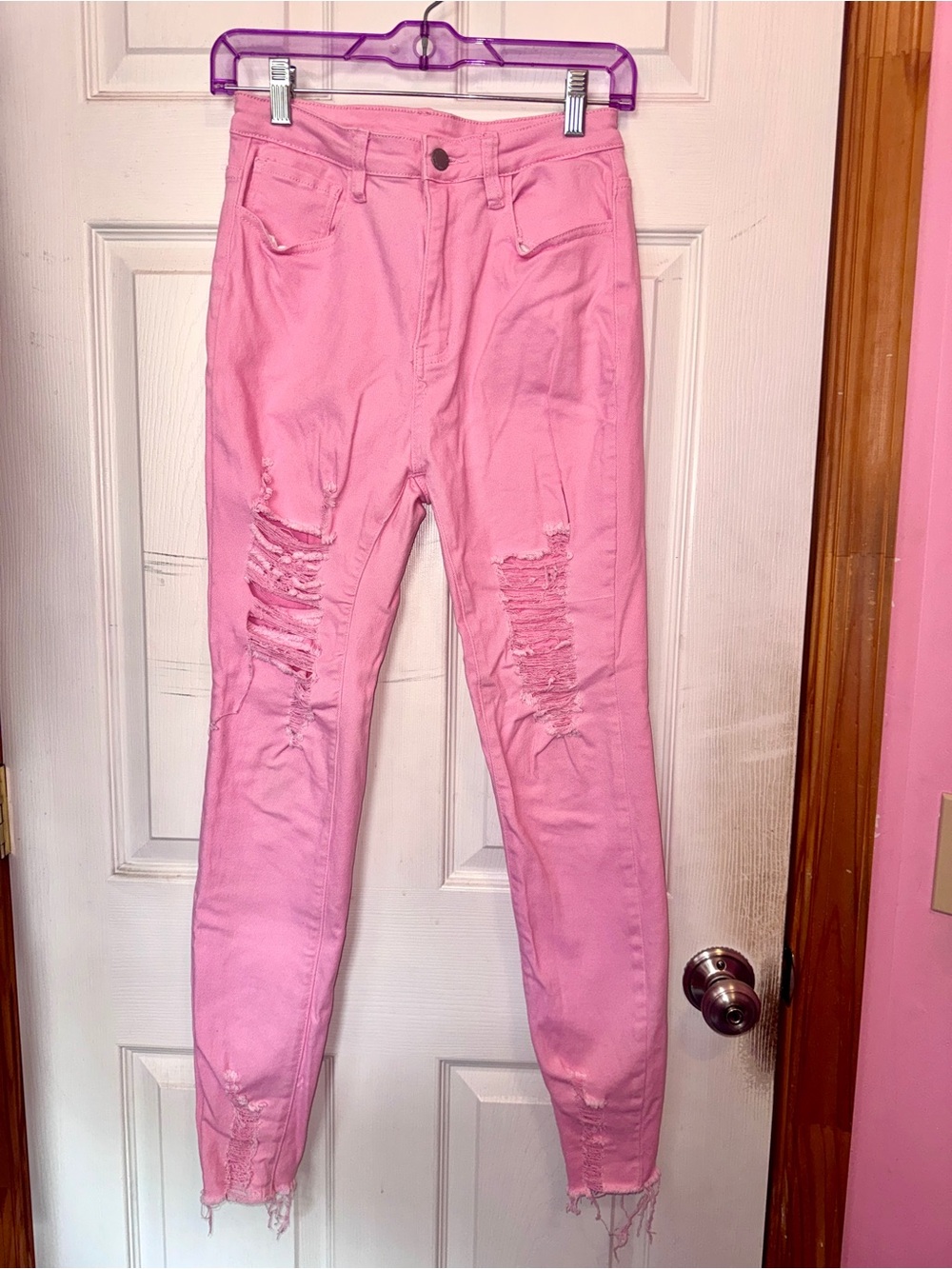 SHEIN Pink Distressed Skinny Jeans